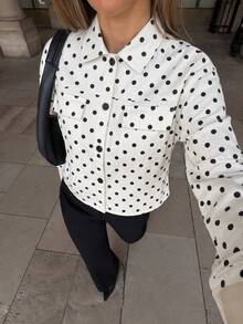 Siren Gaze Autumn/Winter Casual Dropped Shoulder Button Front Coat With Flap Pockets, Short White Polka Dot Jacket - White - View 4