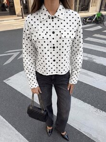 Siren Gaze Autumn/Winter Casual Dropped Shoulder Button Front Coat With Flap Pockets, Short White Polka Dot Jacket - White - View 7