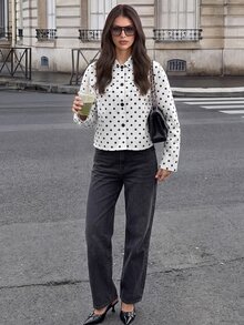 Siren Gaze Autumn/Winter Casual Dropped Shoulder Button Front Coat With Flap Pockets, Short White Polka Dot Jacket - White - View 9