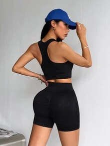 Dewbera Dewbera 女款純色短版上衣與高腰短褲休閒運動風保守運動休閒性感運動日常健身套裝 黑色 夏季健身 - 黑色 - 查看 4