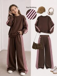 SHEIN Tween女孩粉色膠帶裝飾棕色純色保暖寬鬆衛衣寬腿運動褲2件套 - 棕色 - 查看 11