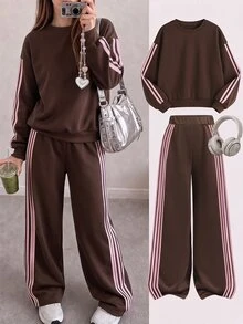 SHEIN Tween女孩粉色膠帶裝飾棕色純色保暖寬鬆衛衣寬腿運動褲2件套 - 棕色 - 查看 1