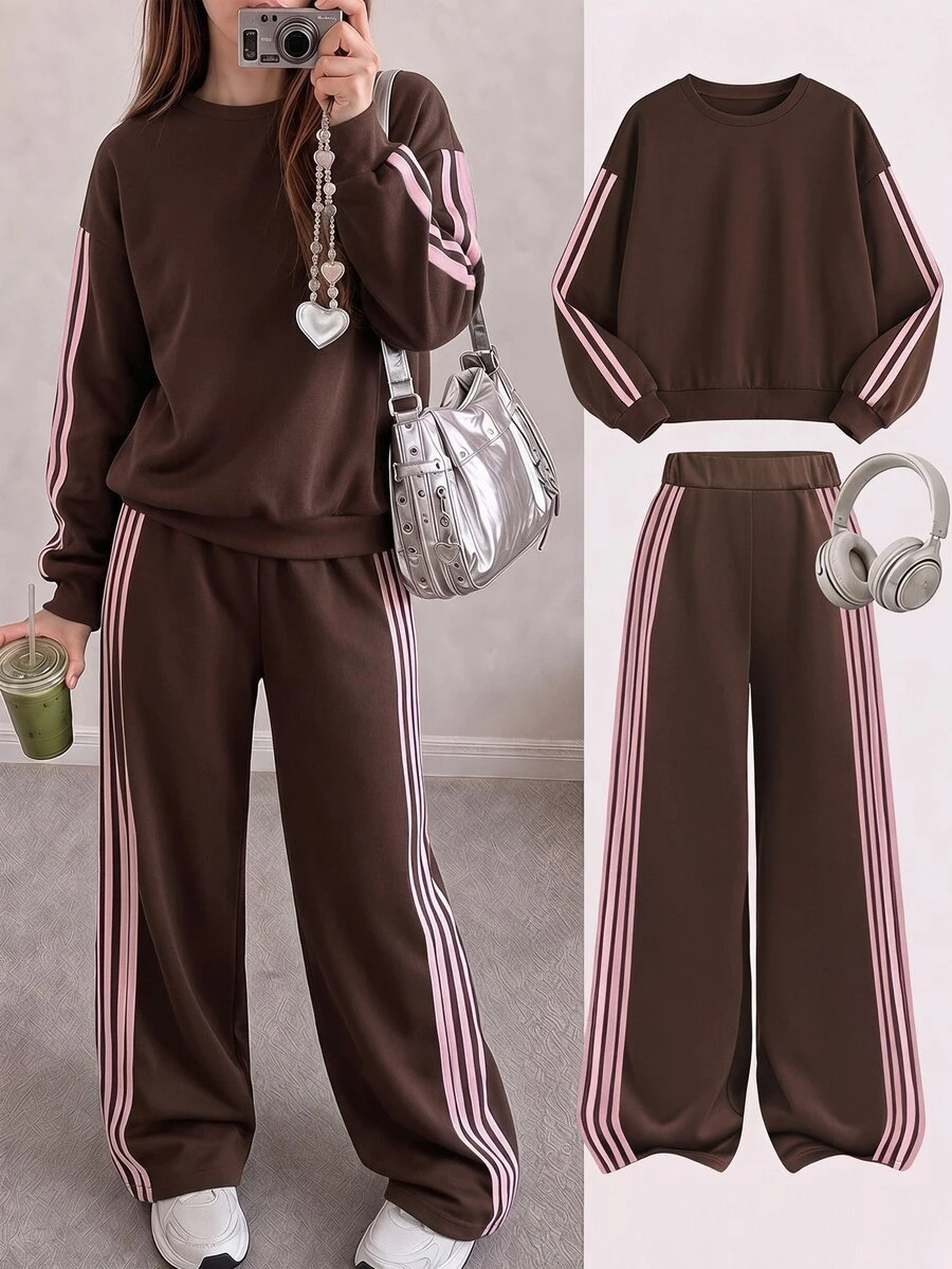 SHEIN Tween女孩粉色膠帶裝飾棕色純色保暖寬鬆衛衣寬腿運動褲2件套 - 棕色 - 查看 1