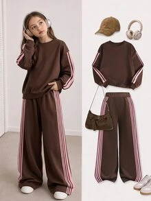 SHEIN Tween女孩粉色膠帶裝飾棕色純色保暖寬鬆衛衣寬腿運動褲2件套 - 棕色 - 查看 12