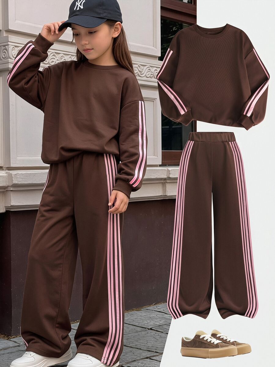 SHEIN Tween女孩粉色膠帶裝飾純色棕色保暖寬鬆秋冬衛衣寬腿運動褲2件套 - 棕色 - 查看 1