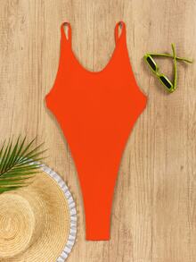 SHEIN Swim 1 件女式纯色挂脖式修身休闲时尚上衣，适合夏季日常穿着 - 橘色 - 查看 5