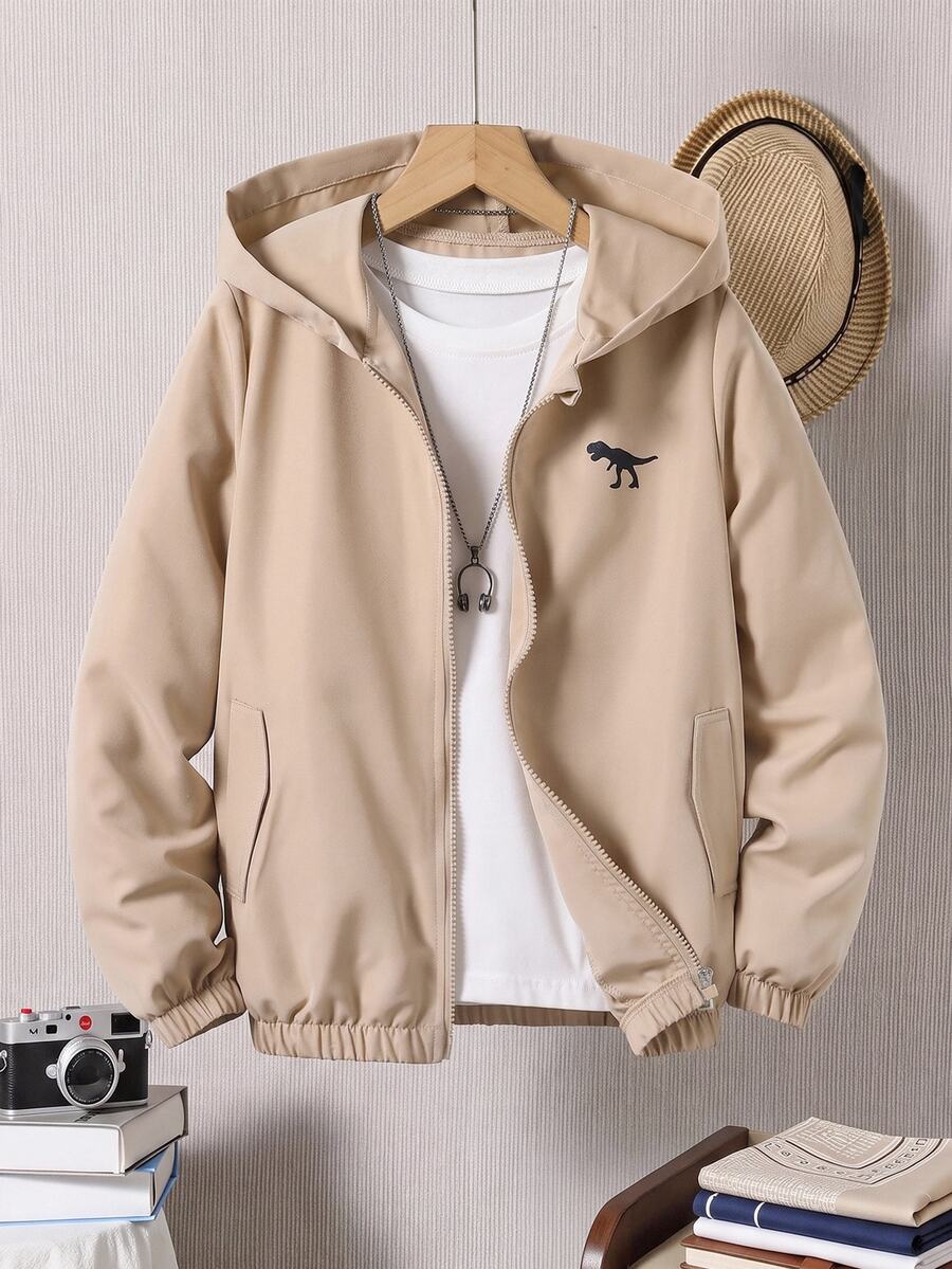SHEIN 青少年男孩時尚百搭恐龍印花連帽外套 秋季 - 卡其色 - 查看 1
