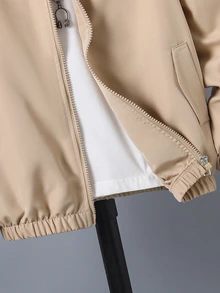 SHEIN 青少年男孩時尚百搭恐龍印花連帽外套 秋季 - 卡其色 - 查看 4