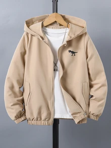 SHEIN 青少年男孩時尚百搭恐龍印花連帽外套 秋季 - 卡其色 - 查看 8