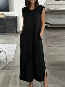 INAWLY Solva Summer Casual Solid Color Side Slit Long Dress - Black - View 2