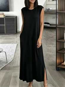 INAWLY Solva Summer Casual Solid Color Side Slit Long Dress - Black - View 4