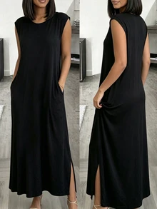 INAWLY Solva Summer Casual Solid Color Side Slit Long Dress - Black - View 1