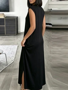 INAWLY Solva Summer Casual Solid Color Side Slit Long Dress - Black - View 3