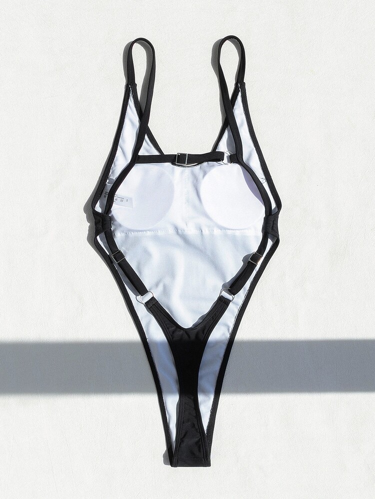 Swim SXY Summer Beach Ladies Sexy Stylish Hollow Out One-Piece Swimsuit With Circular Rings Connection - Black - View 6