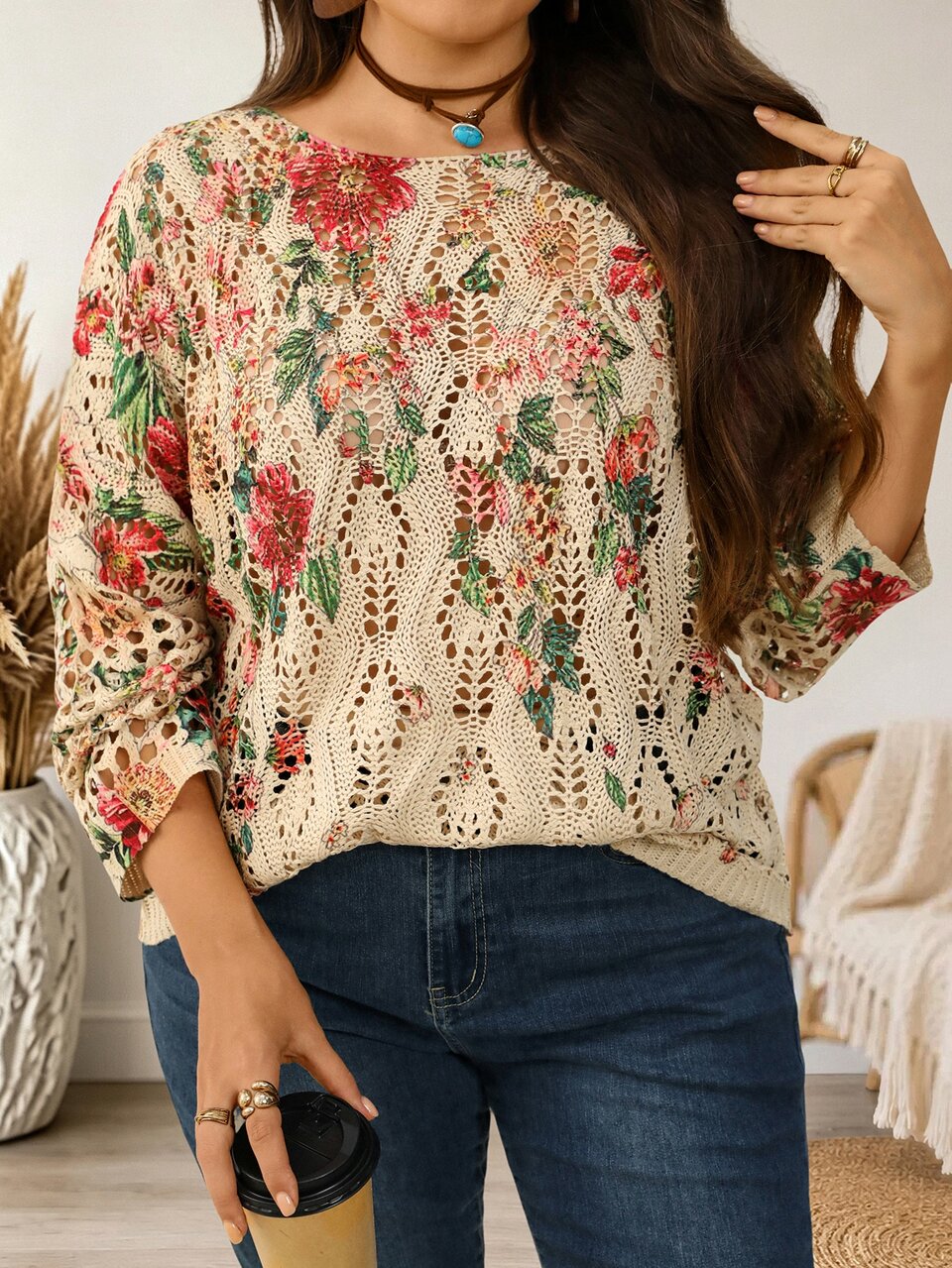 Plus Size Women's Floral Pattern Hollow Out Round Neck Long Sleeve Loose Autumn S Sweater Beach Vacation Beige Traditional Fall