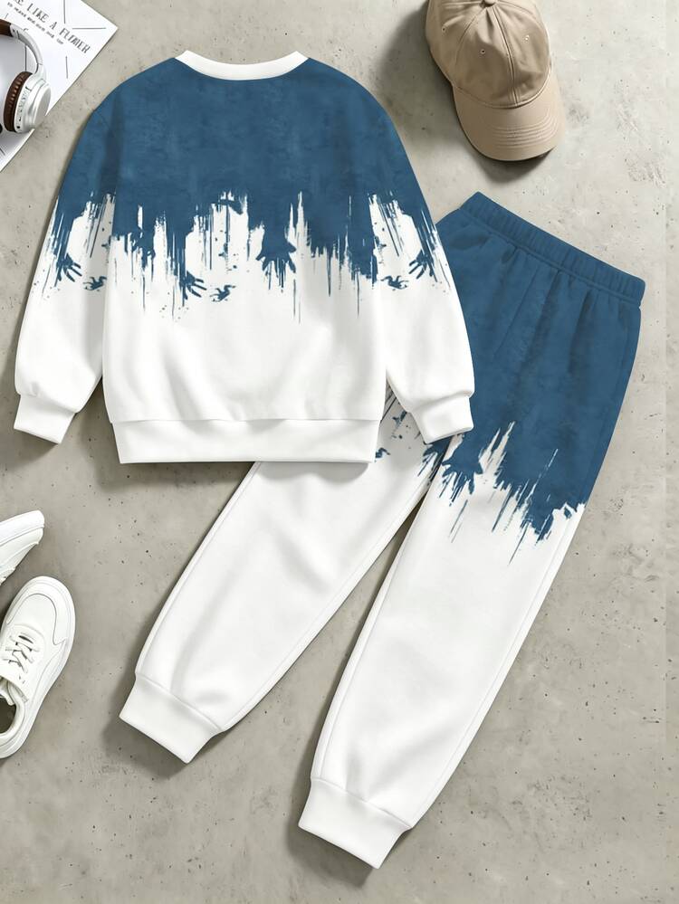 1 Set Tween Boys Korean Style Blue & White Gradient Ink Print Crew Neck Long Sleeve Sweatshirt & Jogger Pants Set, Casual 2 Pieces Outfit For Daily Wear And Outings In Spring & Autumn - Multicolor - View 2