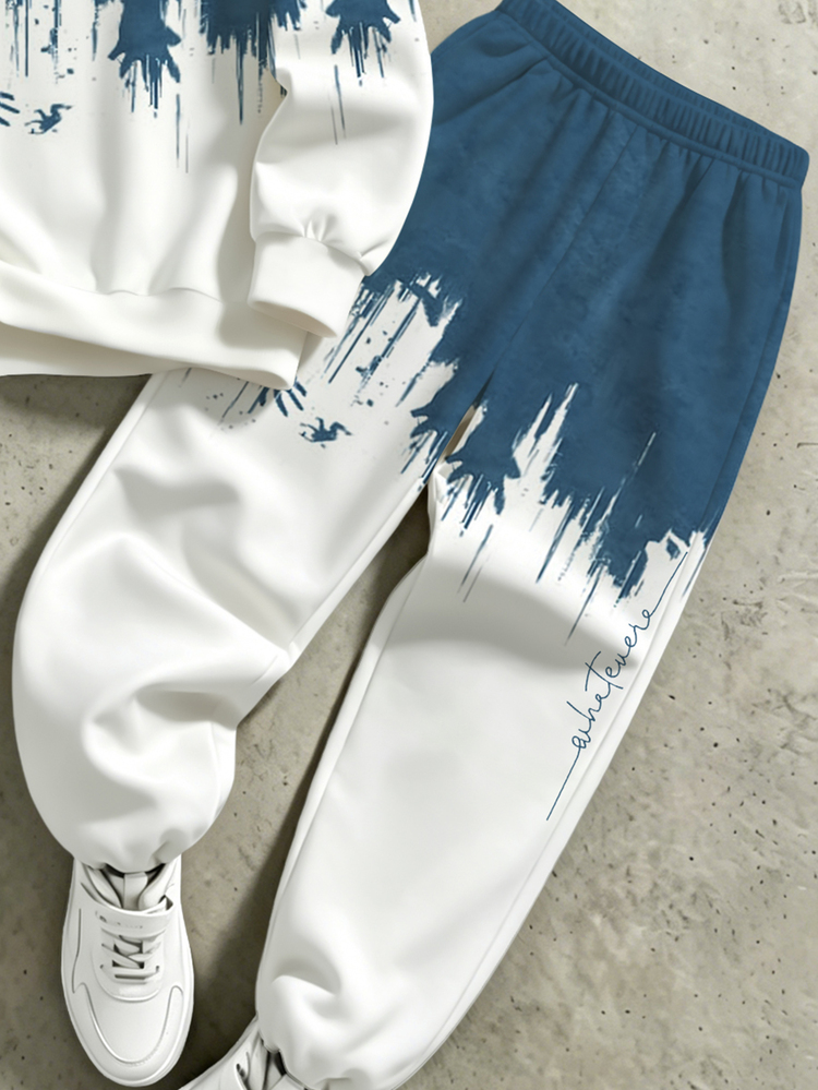 1 Set Tween Boys Korean Style Blue & White Gradient Ink Print Crew Neck Long Sleeve Sweatshirt & Jogger Pants Set, Casual 2 Pieces Outfit For Daily Wear And Outings In Spring & Autumn - Multicolor - View 6