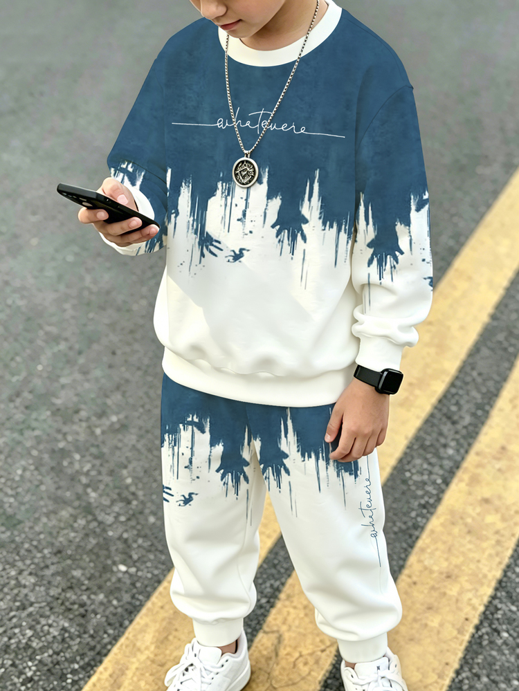 1 Set Tween Boys Korean Style Blue & White Gradient Ink Print Crew Neck Long Sleeve Sweatshirt & Jogger Pants Set, Casual 2 Pieces Outfit For Daily Wear And Outings In Spring & Autumn - Multicolor - View 1