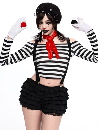 Anime Costume de Cosplay Halloween Fille Mime Clown Top Épaules Dénudées Rayures Noir & Blanc & Short à Bretelles Ensemble 2 Pièces Pour Femmes