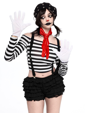 Anime Costume de Cosplay Halloween Fille Mime Clown Top Épaules Dénudées Rayures Noir & Blanc & Short à Bretelles Ensemble 2 Pièces Pour Femmes