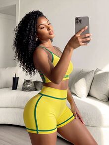 SHEIN Core Rhythm 2pcs Brazil Color Backless Halter Top & Shorts Sports Set - Multicolor - View 4