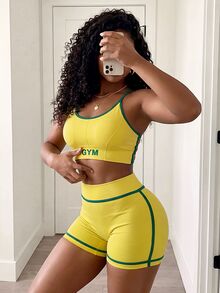 SHEIN Core Rhythm 2pcs Brazil Color Backless Halter Top & Shorts Sports Set - Multicolor - View 5