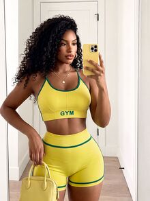 SHEIN Core Rhythm 2pcs Brazil Color Backless Halter Top & Shorts Sports Set - Multicolor - View 1