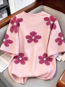 少女印花宽松休闲撞色条纹圆领短袖T恤，适合夏季、日常穿着、返校季、姐妹装、度假等场合。 - 白色 - 查看 2