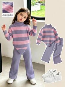 SHEIN 秋季女童高領長袖條紋針織衫裙套裝，幼兒母女親子裝，聖誕紫色小公主款 - 淡紫色 - 查看 10