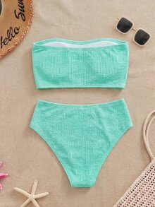 Swim Basics Women's Teal Bandeau Top And Bottom Bikini Set Holiday Beach Holiday Summer Sexy - Dusty Blue - View 3