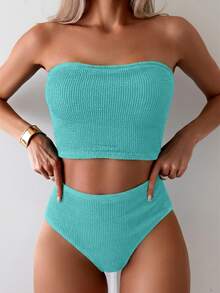 Swim Basics Women's Teal Bandeau Top And Bottom Bikini Set Holiday Beach Holiday Summer Sexy - Dusty Blue - View 7