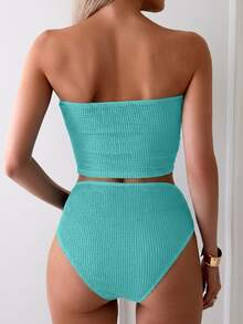 Swim Basics Women's Teal Bandeau Top And Bottom Bikini Set Holiday Beach Holiday Summer Sexy - Dusty Blue - View 8