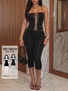 SHEIN PETITE Women's Slim Fit Black Tank Top With Hollow Lace-Up Design And Capri Pants 2 Pieces Set - Black - View 1