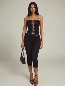 SHEIN PETITE Women's Slim Fit Black Tank Top With Hollow Lace-Up Design And Capri Pants 2 Pieces Set - Black - View 7