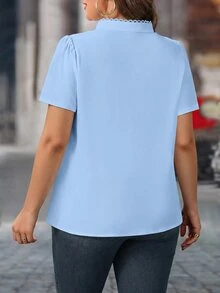 SHEIN LUNE CURVE 大码纯色简约短袖衬衫 - 藍色 - 查看 2