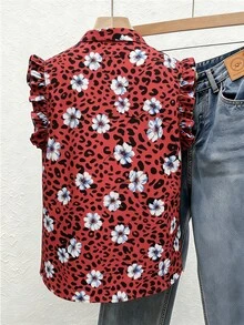 SHEIN 女款豹紋花卉印花休閒百搭日常出遊襯衫 - 紅色 - 查看 2