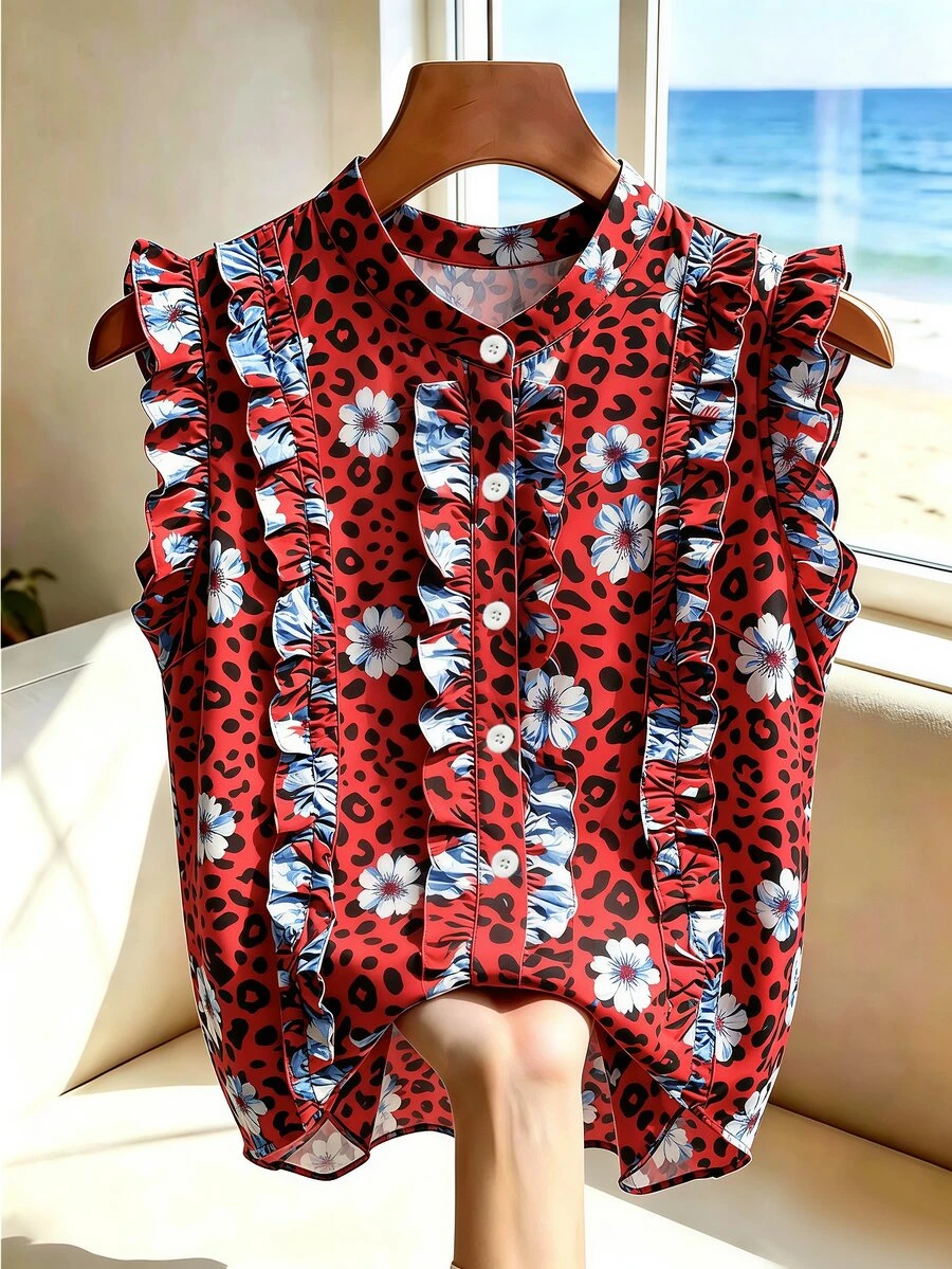SHEIN 女款豹紋花卉印花休閒百搭日常出遊襯衫 - 紅色 - 查看 1