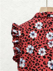 SHEIN 女款豹紋花卉印花休閒百搭日常出遊襯衫 - 紅色 - 查看 3