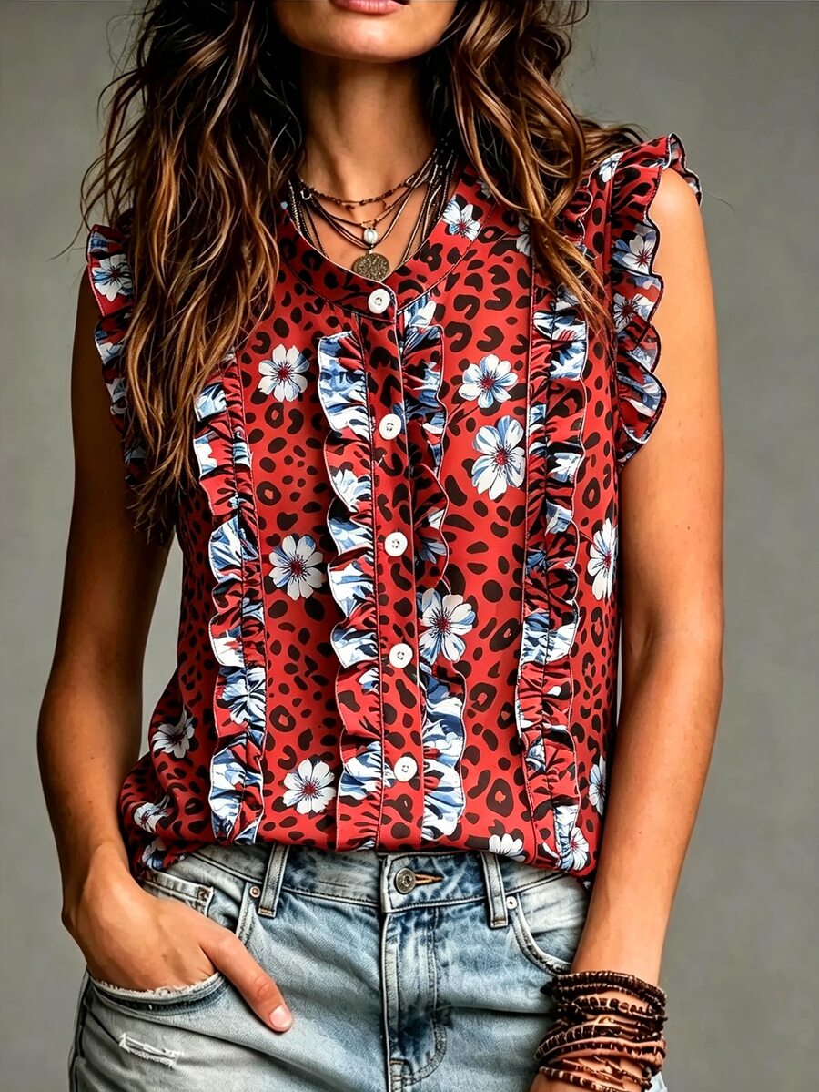 SHEIN Kemeja Kasual Serbaguna Wanita Motif Leopard dan Bunga untuk Aktivitas Sehari-hari - Merah - View 1