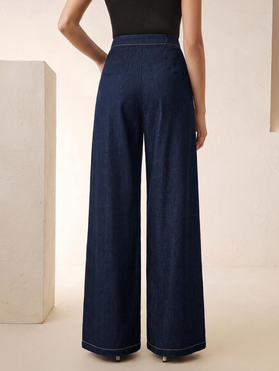 Anewsta Spring/Summer New Navy Blue Woven Fabric Contrast Stitching Straight Leg Vintage Women Pants