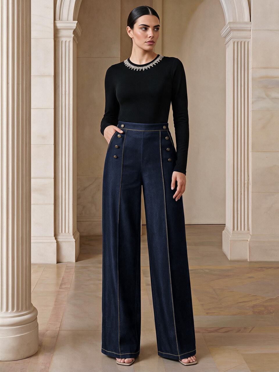 Anewsta Spring/Summer New Navy Blue Woven Fabric Contrast Stitching Straight Leg Vintage Women Pants