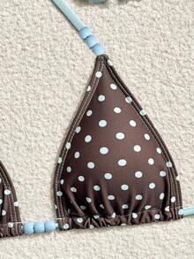 Bonvoyette Summer New Beach Vacation Party Afternoon Tea Polka Dot Print Micro Triangle Side Tie Ruched 3 PiecesWomen Swimwear Set - Multicolor - View 4