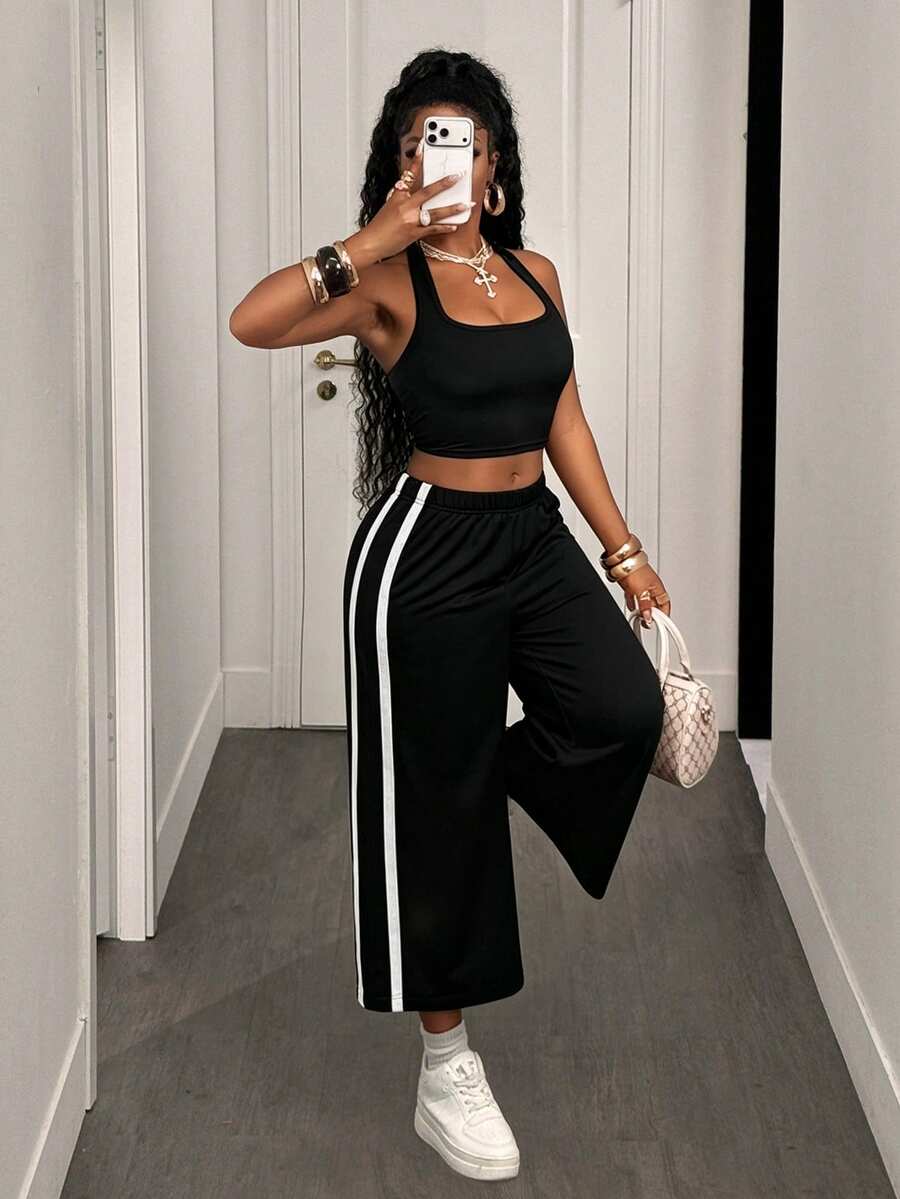 BamGleam Damen einfarbiges kurzes Neckholder-Top und Farbblock-Lange Hose, lässiges Athleisure Streetwear Alltags-2-teiliges Set, Sommer 2026, Gym-Set, Schwarz-Weiß