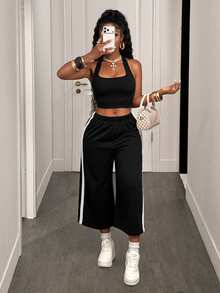 BamGleam Damen einfarbiges kurzes Neckholder-Top und Farbblock-Lange Hose, lässiges Athleisure Streetwear Alltags-2-teiliges Set, Sommer 2026, Gym-Set, Schwarz-Weiß - Schwarz - Übersicht 6