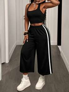 BamGleam Damen einfarbiges kurzes Neckholder-Top und Farbblock-Lange Hose, lässiges Athleisure Streetwear Alltags-2-teiliges Set, Sommer 2026, Gym-Set, Schwarz-Weiß - Schwarz - Übersicht 5