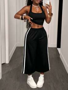 BamGleam Damen einfarbiges kurzes Neckholder-Top und Farbblock-Lange Hose, lässiges Athleisure Streetwear Alltags-2-teiliges Set, Sommer 2026, Gym-Set, Schwarz-Weiß - Schwarz - Übersicht 9