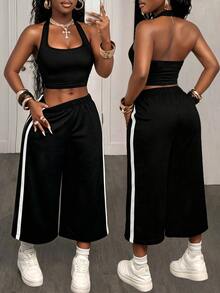 BamGleam Damen einfarbiges kurzes Neckholder-Top und Farbblock-Lange Hose, lässiges Athleisure Streetwear Alltags-2-teiliges Set, Sommer 2026, Gym-Set, Schwarz-Weiß - Schwarz - Übersicht 3