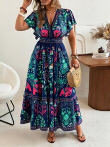 Ceyna 大尺碼女款夏季波西米亞印花度假休閒洋裝，印花荷葉袖收腰洋裝，大裙擺深V領長洋裝，修身上身與大裙擺下身洋裝 - 彩色 - 查看 5