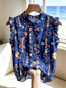 SHEIN 法式復古花卉印花單排扣荷葉邊飾襯衫，適合戶外活動與生日慶祝 - 寶藍色 - 查看 1