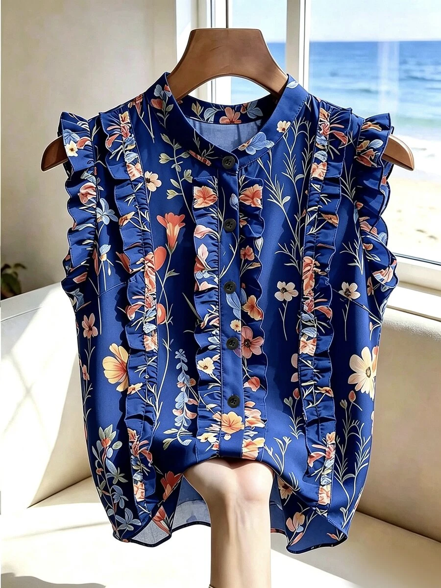 SHEIN 法式復古花卉印花單排扣荷葉邊飾襯衫,適合戶外活動與生日慶祝 - 寶藍色 - 查看 1